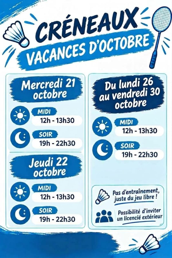 Créneaux vacances d'octobre